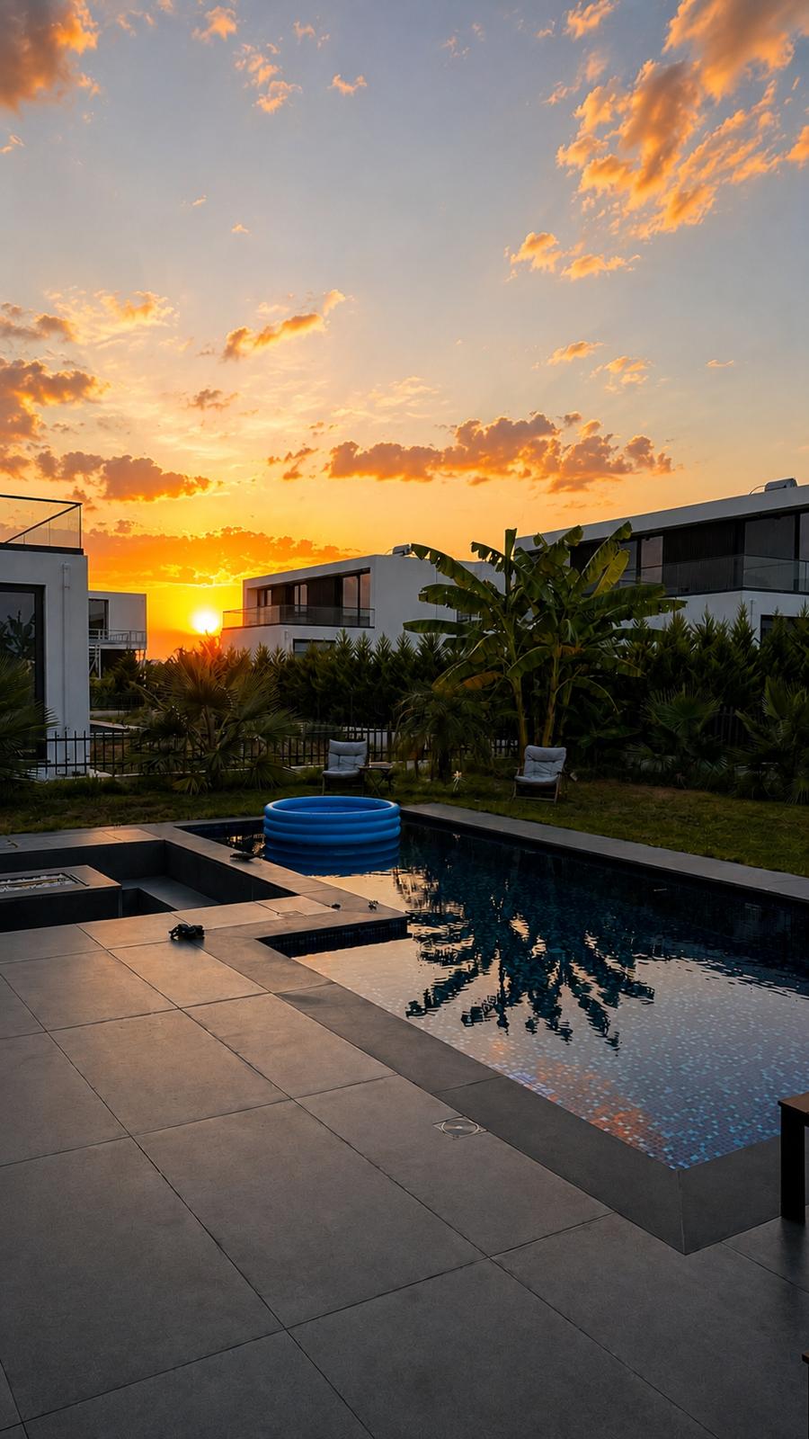 Sunset over the pool and garden